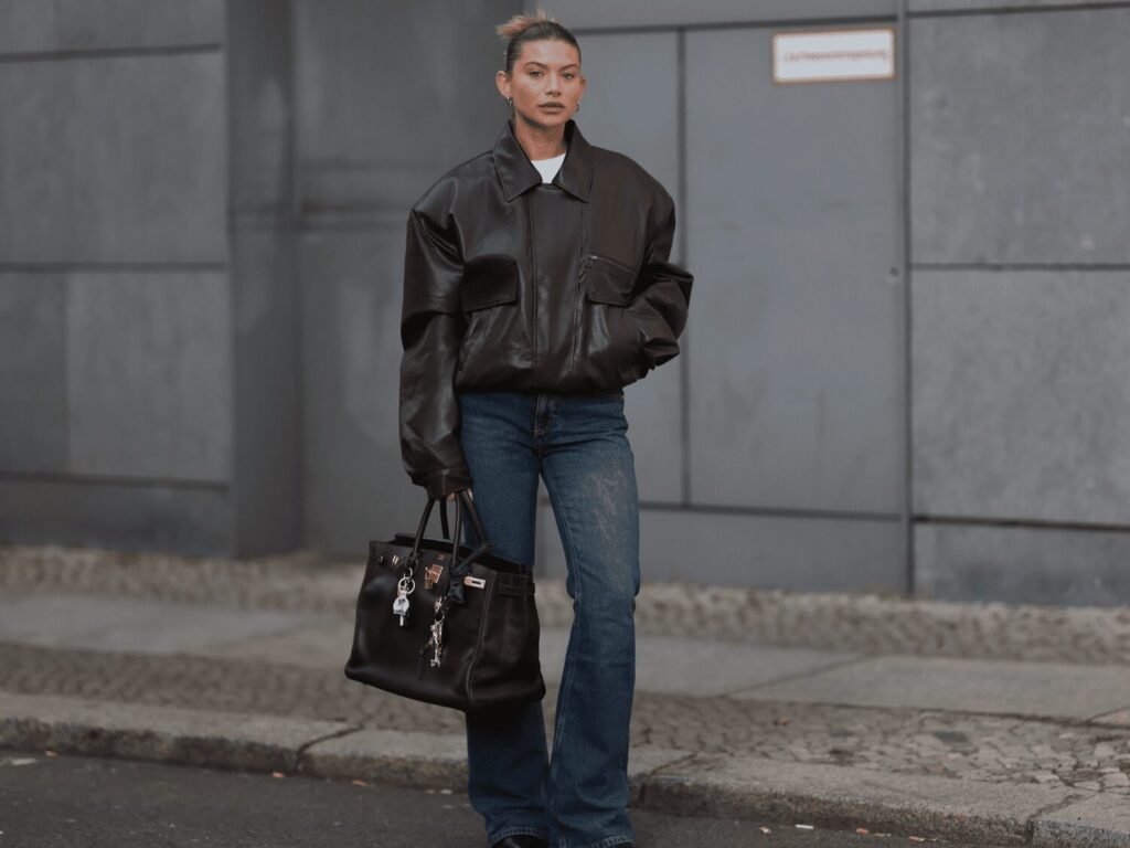 Leather Jacket With Black Denim