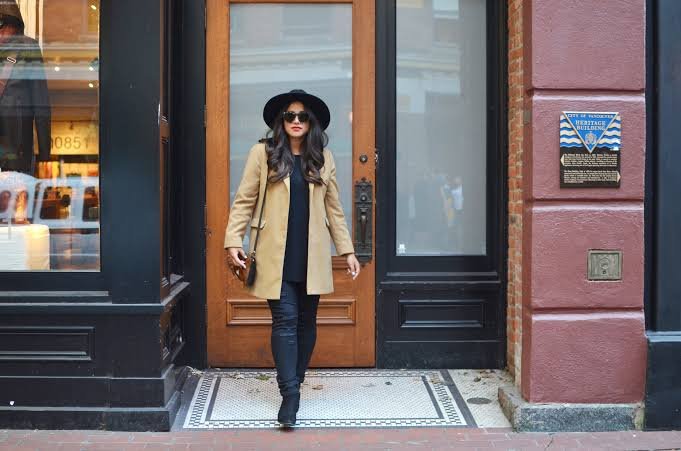 Camel Coat with All-Black Outfit