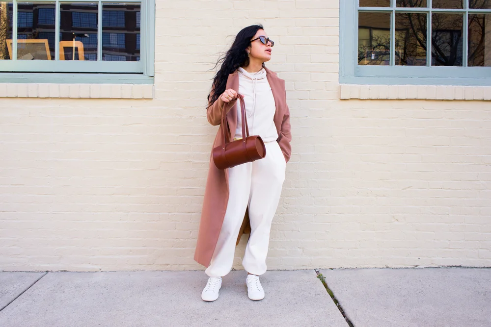 Camel Coat with All-White Outfit